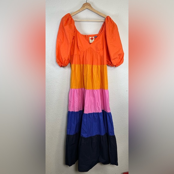 FARM Rio Dresses & Skirts - Farm Rio Anthropologie Maxi Dress Color Block Puff Sleeve Small Tiered Boho